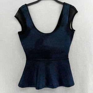 BEBE Blouse Womens XS Blue Black Lace Trim  Scoop Neck Cap Sleeve Zip Up Peplum